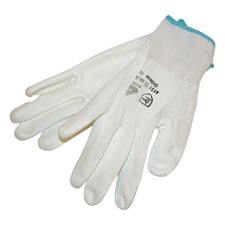 Kötött kesztyű fehér nylon,  XL-es méret, 10` poliuretánba mártott teny. és ujjhegy., gumírozott mandzsetta