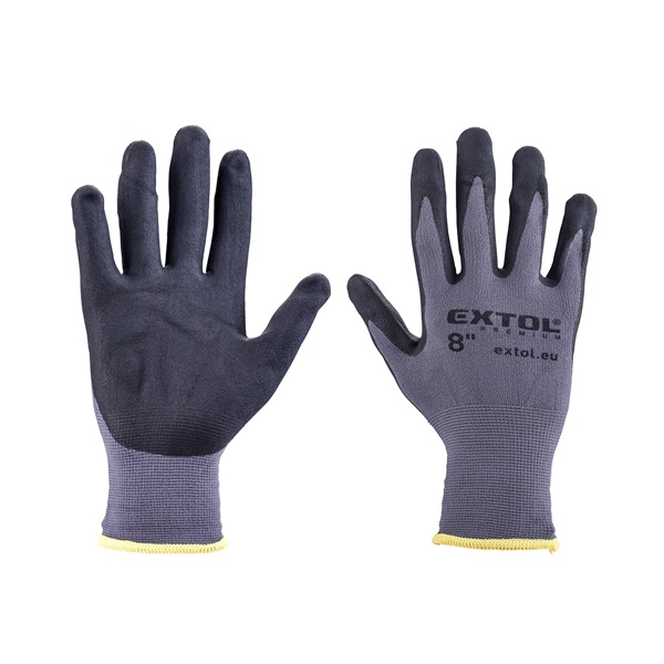 Kötött kesztyű nylon-Spandex, varrat nélküli, méret: 8` nitrilbe mártott teny. és ujjhegy, gumírozott mandzsetta