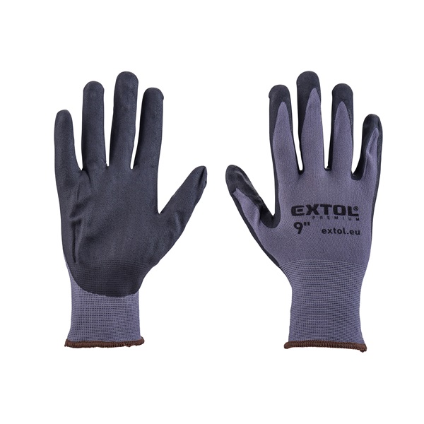 Kötött kesztyű nylon-Spandex, varrat nélküli, méret: 9` nitrilbe mártott teny. és ujjhegy, gumírozott mandzsetta
