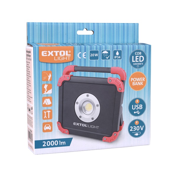 hordozható LED lámpa, 20 W, COB LED; 2000 Lm, újratölthető Li-ion akkus, 6600 mAh, IP54