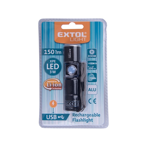 LED lámpa, 3 W, XPE LED; 150 Lm, ALU ház, zoom, újratölthető Li-ion akkus, 450 mAh