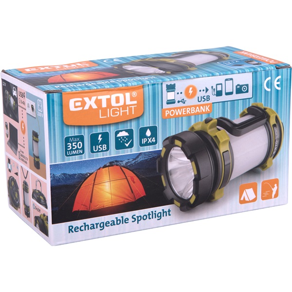 LED lámpa, tölthető; 350 Lm, cserélhető Li-ion akku, 2600 mAh, powerbank funkció, cseppálló