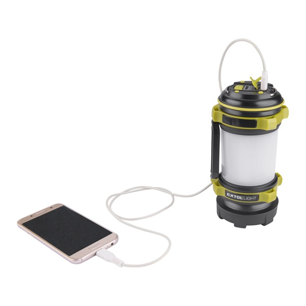 LED lámpa, tölthető; 350 Lm, cserélhető Li-ion akku, 2600 mAh, powerbank funkció, cseppálló
