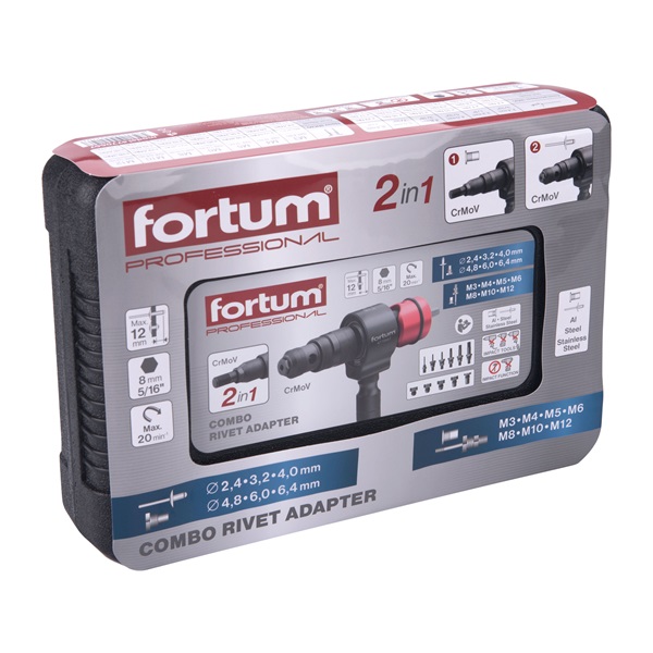 adapter klt. fúrógéphez, 2 az 1-ben, popszegecsekhez és POP-NUT szegecsanyákhoz, 15 db, FORTUM