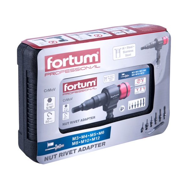 adapter  klt. fúrógéphez, POP-NUT szegecsanyákhoz, 6 db, M3-M4-M5-M6-M8-M10-M12; 8 mm (5/16") hatszög befogás, FORTUM