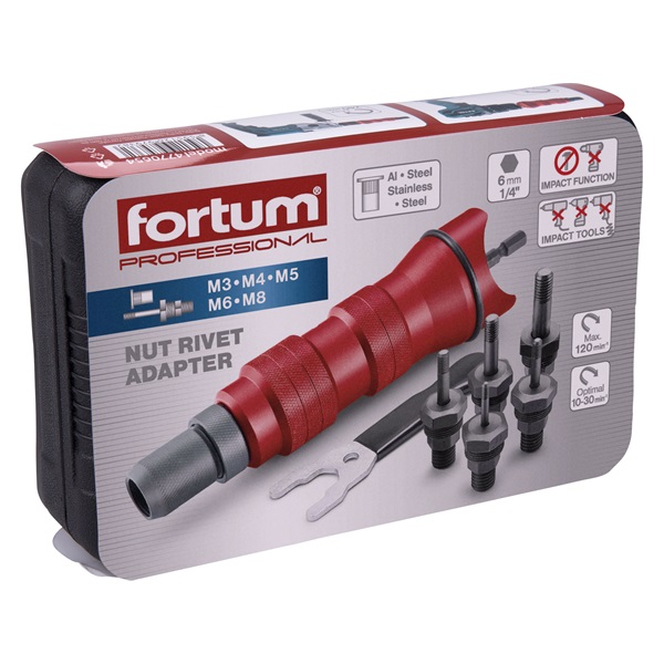 adapter  klt. fúrógéphez, POP-NUT szegecsanyákhoz, 6 db, M3-M4-M5-M6-M8; 1/4" hatszög befogás,  FORTUM