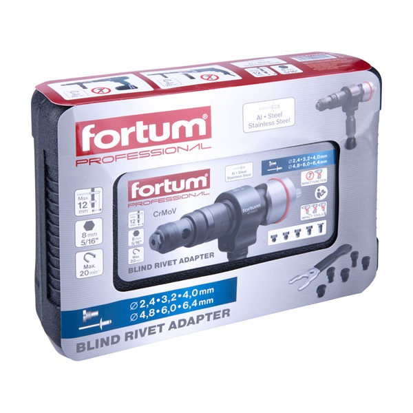 adapter klt. fúrógéphez, popszegecsekhez, 2,4-3,2-4,0-4,8-6,0-6,4 mm-es szegecsekhez; 8mm (5/16" hatszög befogás) FORTUM