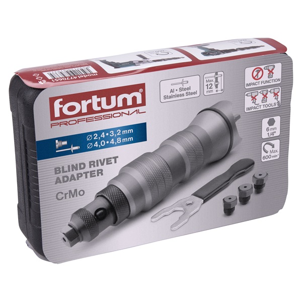 adapter klt. fúrógéphez, popszegecsekhez, 2,4-3,2-4,0-4,8 mm-es szegecsekhez; 1/4" hatszög befogás, FORTUM