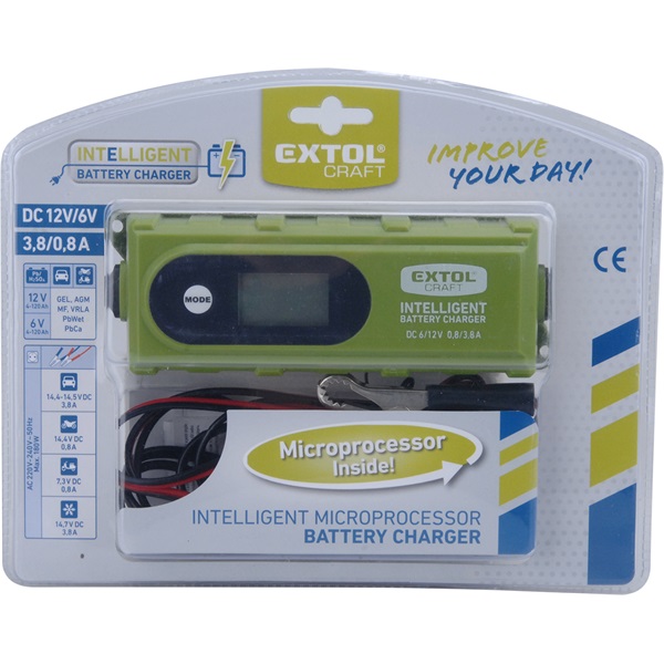 akkutöltő, autós, mikroprocesszoros, intelligens; 0,8/3,8 Amp, 4-120Ah, DC 12V/6V