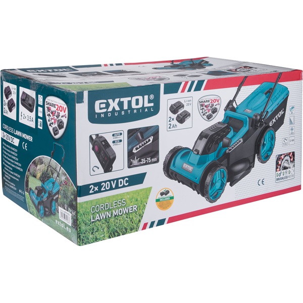 akkus fűnyíró gép, SHARE20V, 20V, 2×2000mAh, Li-ion, vágási kapacítás 43cm, állítható magasság, szénkefe mentes