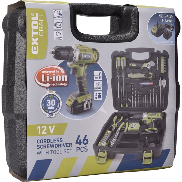 akkus fúrócsavarozó, 12V, Li-ion, 1db 1300 mAh akku + 46 db szerszámkészlet