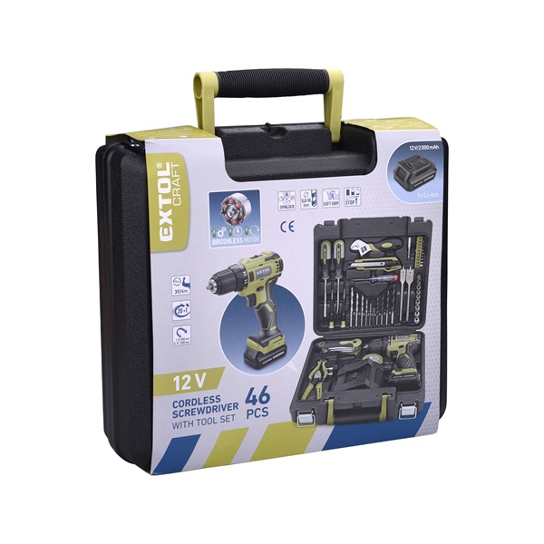 akkus fúrócsavarozó, 12V, Li-ion, szénkefe mentes, 1db 2000 mAh akku + 46 db szerszámkészlet