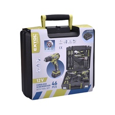 akkus fúrócsavarozó, 12V, Li-ion, szénkefe mentes, 1db 2000 mAh akku + 46 db szerszámkészlet