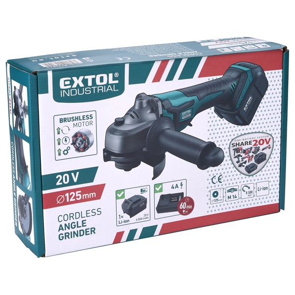 akkus sarokcsiszológép, Share20V, 20V, Li-ion, 1db akku, 1db töltő, 4000 mAh, 125 mm