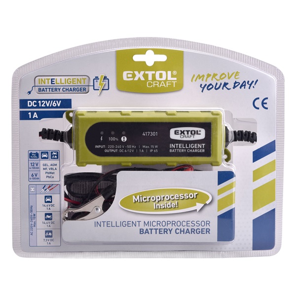 akkutöltő, autós, mikroprocesszoros, intelligens; 1 Amp, 4-100Ah, DC 12V/6V