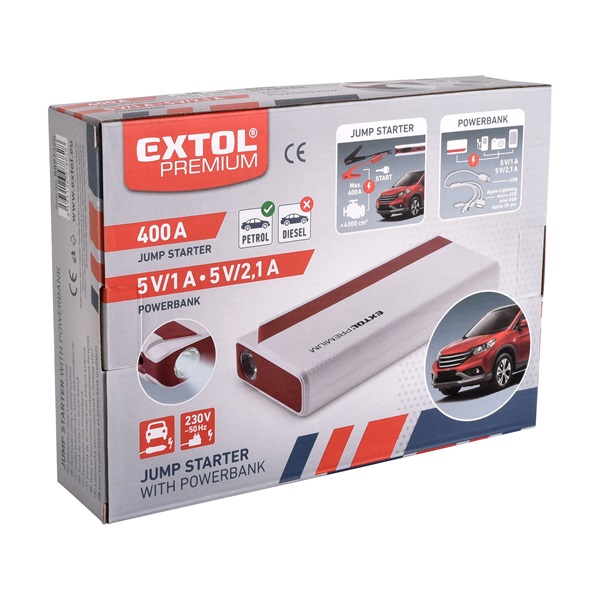 autós indító, benzinmotorokhoz, beépített 9000 mAh Li-polimer akkuval + power bank 5V, "bikázó", 400A