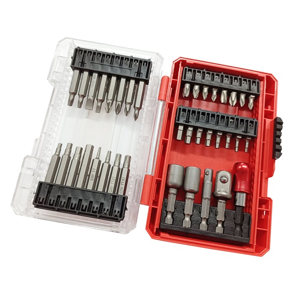 behajtó klt. 37 db Cr.V., lapos, PH, PZ, HEX, TTa, SQ, dugófej, bittartó szár,  műanyag tartóban