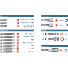 behajtó klt. 37 db Cr.V., lapos, PH, PZ, HEX, TTa, SQ, dugófej, bittartó szár,  műanyag tartóban