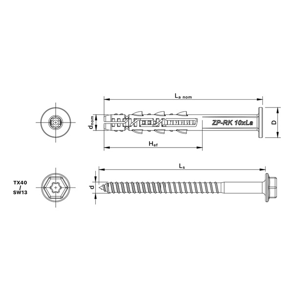 keretrögzítő dübel RK peremmel és hatlapfejű csavarral 10×80mm, 25db