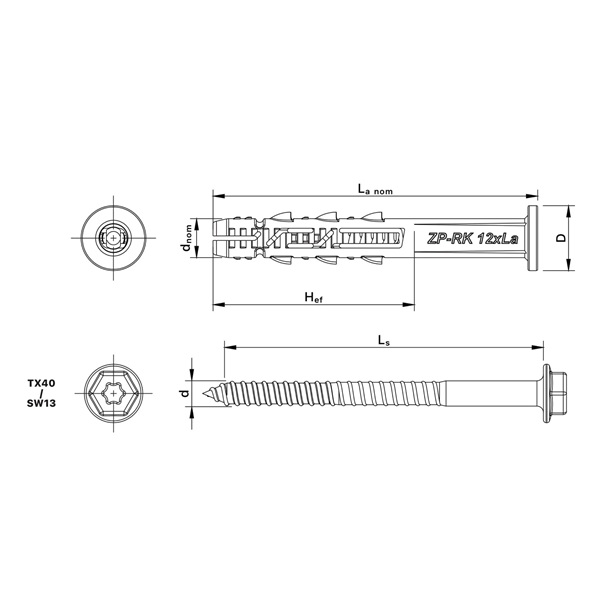 keretrögzítő dübel RK peremmel és hatlapfejű csavarral 12×80mm, 20db