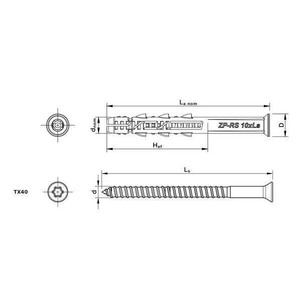 keretrögzítő dübel RS süllyesztett fejjel 10×120mm, 25db
