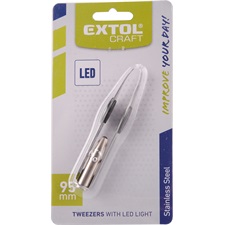 csipesz LED fénnyel, rozsdamentes acél, hossz: 95mm, pofák szélessége: 4mm, 3×1,5V elemmel (LR71)