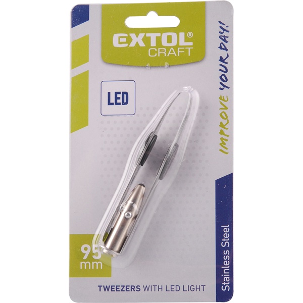 csipesz LED fénnyel, rozsdamentes acél, hossz: 95mm, pofák szélessége: 4mm, 3×1,5V elemmel (LR71)