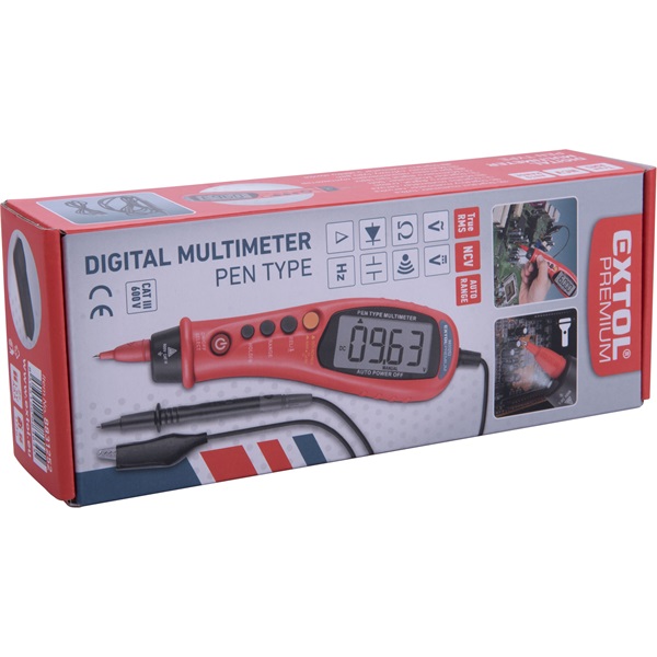digitális multiméter, toll típusú; Amper/Volt/Ohm mérő, hangjelző funkcióval, CE, 2 db 1,5V AAA elem