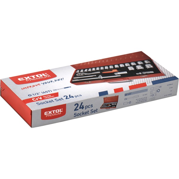 dugókulcs klt., CV., racsnis 45fog ; 1/2" 24db, 10-32mm, fém doboz