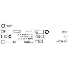 dugókulcs klt., CV., racsnis 45fog ; 1/2" 24db, 10-32mm, fém doboz