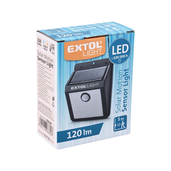 éjszakai készenléti LED lámpa, 0,4W, 16 LED; 120 Lm, napelem+szenzor, Li-ion akkus, 1200 mAh, falra szerelhető