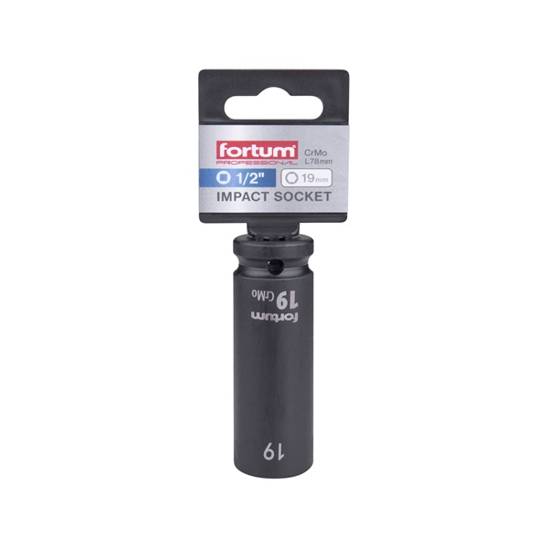 gépi (impakt) dugófej 1/2", 19 mm, L 78 mm, feketített, FORTUM