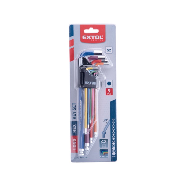 imbuszkulcs klt., 9db, HEX, több színű, extra hosszú, gömbfej, H 1,5-10mm, S2, krómozott