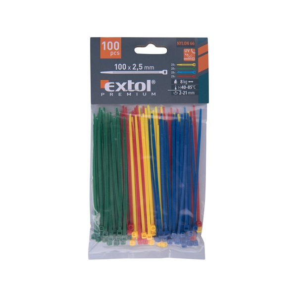 kábelkötegelő 2,5×100mm 100db, 4 színű (piros, kék, sárga, zöld), nylon;