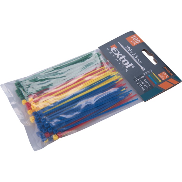 kábelkötegelő 2,5×100mm 100db, 4 színű (piros, kék, sárga, zöld), nylon;