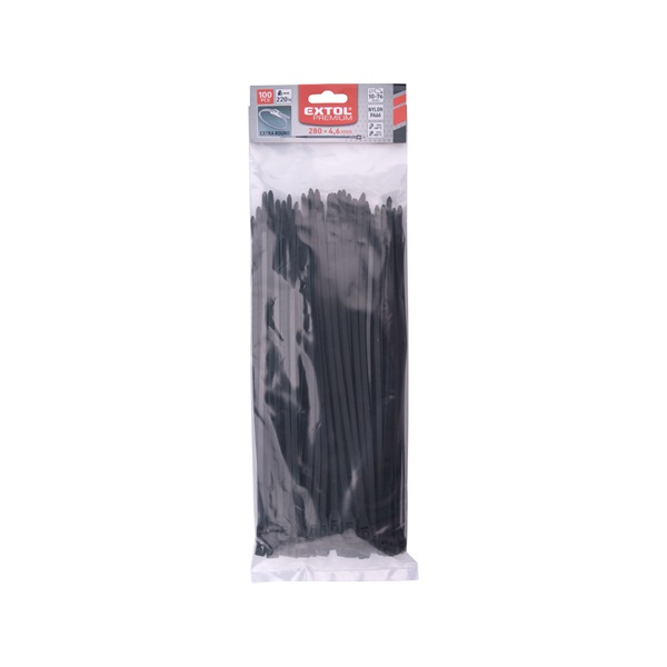 kábelkötegelő 4,6×280mm 100db, EXTRA, fekete nylon; UV-, sav- és lúgálló