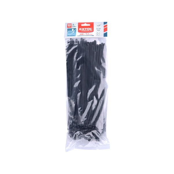 kábelkötegelő 7,2×300 mm 100db, többször használható (oldható) fekete nylon; UV-, sav- és lúgálló