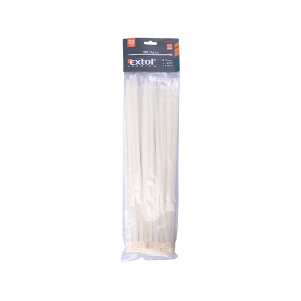 kábelkötegelő 7,6×380mm 50db, fehér nylon; UV-, sav- és lúgálló
