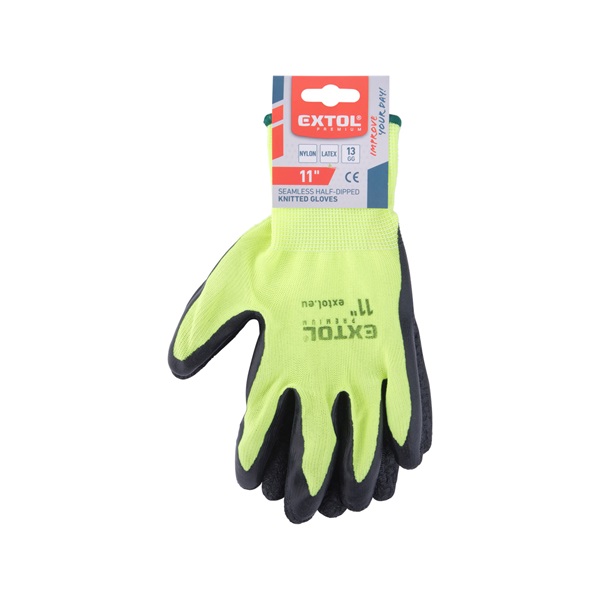 kötött kesztyű nylon, varrat nélküli, méret  11` latexbe mártott teny. és ujjhegy, gumírozott mandzsetta