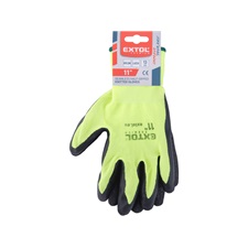 kötött kesztyű nylon, varrat nélküli, méret  11` latexbe mártott teny. és ujjhegy, gumírozott mandzsetta