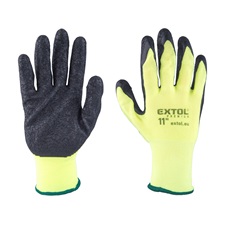 kötött kesztyű nylon, varrat nélküli, méret  11` latexbe mártott teny. és ujjhegy, gumírozott mandzsetta