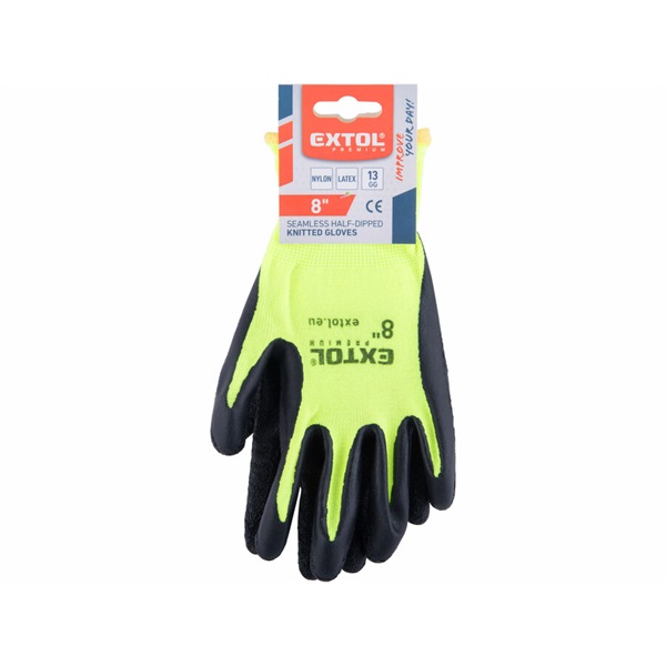 kötött kesztyű nylon, varrat nélküli, méret  9` latexbe mártott teny. és ujjhegy, gumírozott mandzsetta