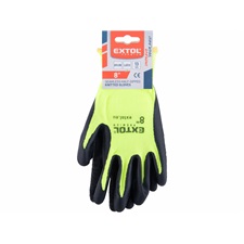 kötött kesztyű nylon, varrat nélküli, méret  9` latexbe mártott teny. és ujjhegy, gumírozott mandzsetta