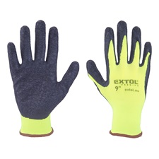 kötött kesztyű nylon, varrat nélküli, méret  9` latexbe mártott teny. és ujjhegy, gumírozott mandzsetta