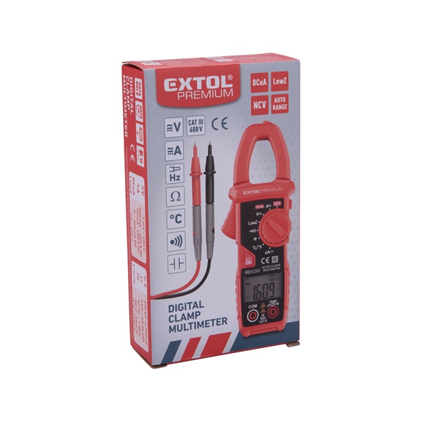 lakatfogó és digitális multiméter; Amper/Volt/Ohm mérő, hangjelző funkcióval, CE, 2 db 1,5V AAA elem