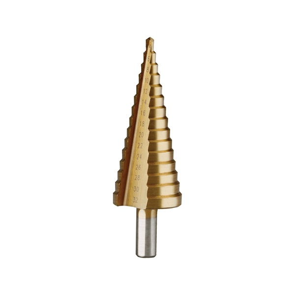 lépcsős fémfúró klt. 3db; (4-12mm/1mm lépcsők,4-20mm/2mm,4-32mm/2mm) befogás:10mm, max.4mm vastag anyagokhoz,TiN bevonat