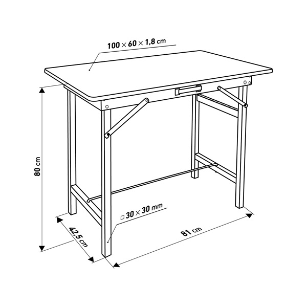 munkapad összecsukható; 800 mm, max. terhelés: 100kg, fém váz, MDF asztallap