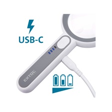 nagyító LED lámpa, kézi, 12× nagyítás; műanyag ház, USB tölthető akku