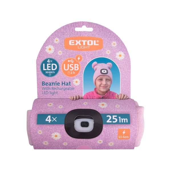 sapka, gyerek, rózsaszín, kötött, kivehető LED homloklámpával, 4×25 Lumen; USB tölthető Li-ion, 3funkció (100%-75%-50%)