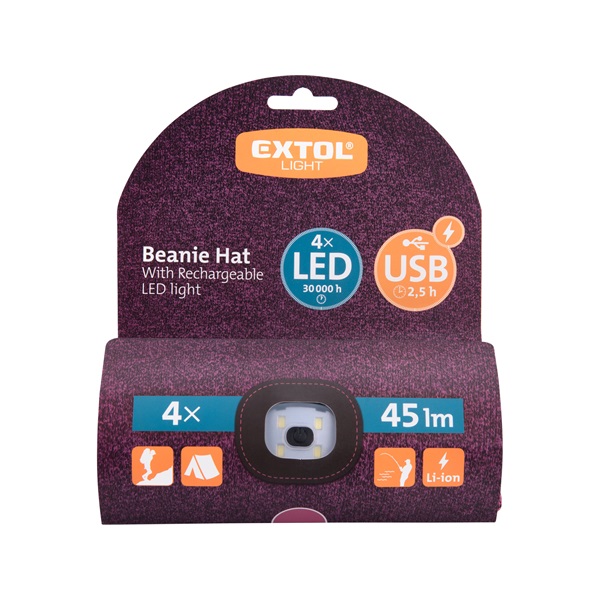sapka, lila/fekete, kötött, kivehető LED homloklámpával, 4×45 Lumen; USB tölthető Li-ion, 3funkció (100%-75%-50%)